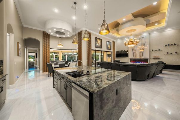 Chandelier, Dining room, Interior, Kitchen, Living room, Marble, Pendant Lights, Recessed Lighting