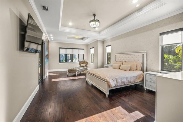 Bedroom, Interior, Recessed Lighting, Wood Texture Flooring