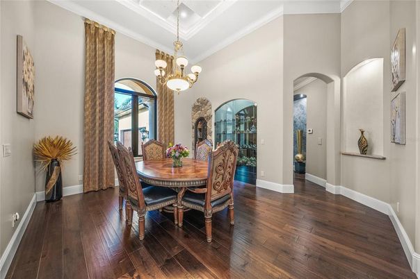 Chandelier, Dining room, Interior, Wood Texture Flooring