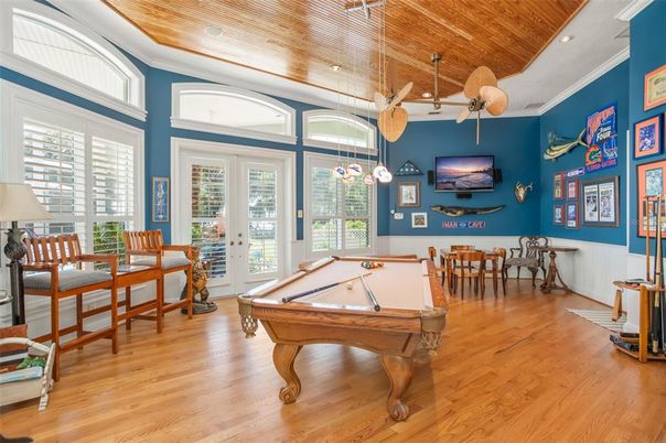 Billiard Table, Dining room, Game Room, Interior, Pendant Lights, Recessed Lighting, Wooden Ceilings, Wood Texture Flooring