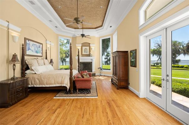 Bedroom, Fireplace, Interior, Recessed Lighting, Wood Texture Flooring