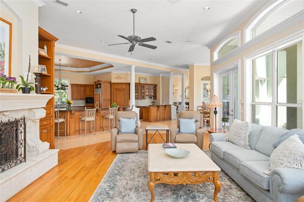 Fireplace, Interior, Kitchen, Living room, Pendant Lights, Recessed Lighting, Wood Texture Flooring
