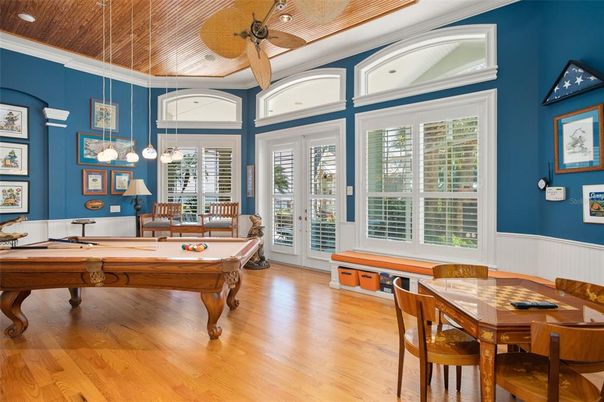Billiard Table, Dining room, Game Room, Interior, Pendant Lights, Wood Texture Flooring