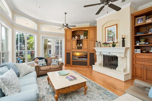 Fireplace, Interior, Living room, Recessed Lighting, Wood Texture Flooring