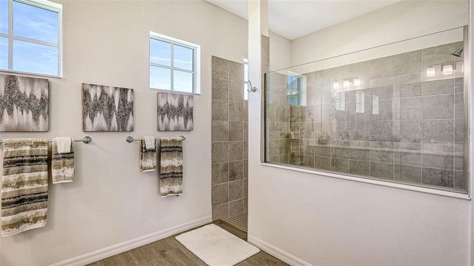Bathroom, Glass Shower, Interior, Wood Texture Flooring