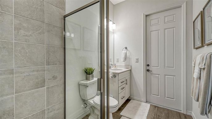Bathroom, Glass Shower, Interior, Wood Texture Flooring