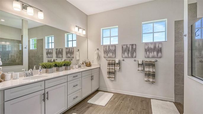Bathroom, Dual Sink Vanities, Glass Shower, Interior, Wood Texture Flooring