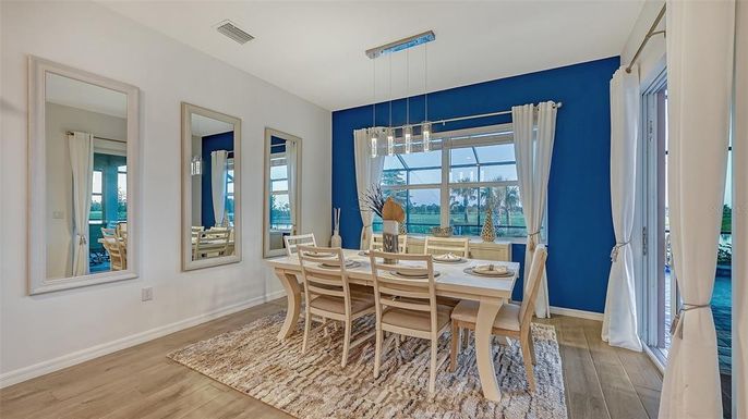 Dining room, Interior, Pendant Lights, Wood Texture Flooring