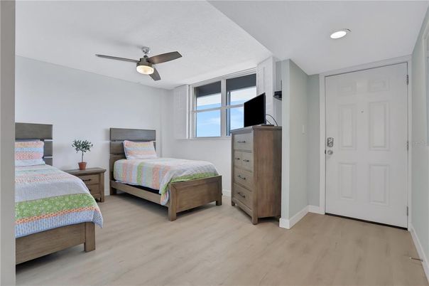 Bedroom, Interior, Recessed Lighting, Wood Texture Flooring