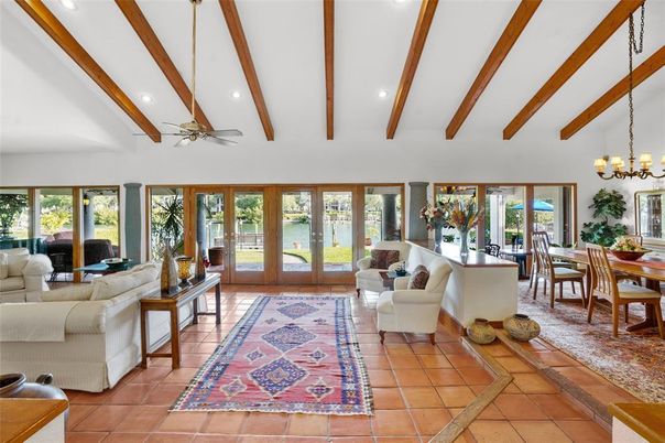 Chandelier, Dining room, Interior, Living room, Recessed Lighting, Wooden Beams