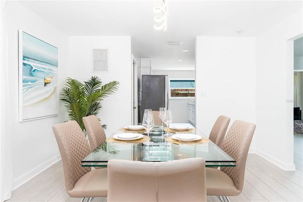 Dining room, Interior, Recessed Lighting, Wood Texture Flooring