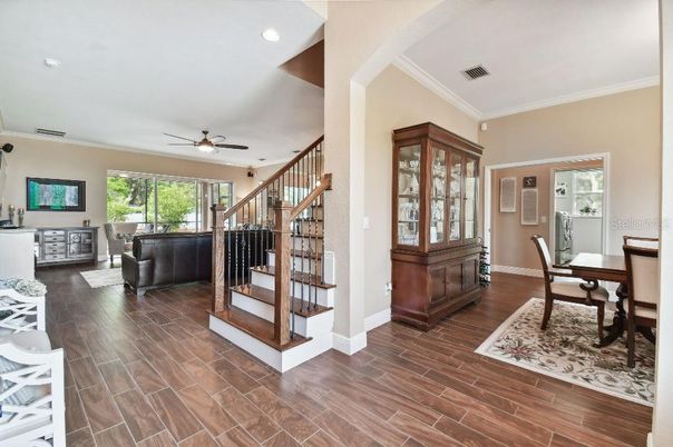 Dining room, Interior, Recessed Lighting, Wood Texture Flooring