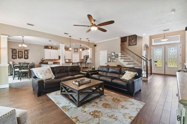 Chandelier, Dining room, Interior, Kitchen, Living room, Pendant Lights, Recessed Lighting, Wood Texture Flooring