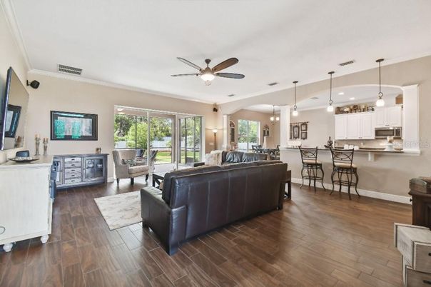 Interior, Kitchen, Living room, Pendant Lights, Wood Texture Flooring