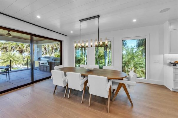 Dining room, Interior, Pendant Lights, Recessed Lighting, Wood Texture Flooring