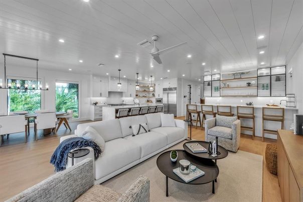 Dining room, Interior, Kitchen, Living room, Pendant Lights, Recessed Lighting, Stainless Steel Appliances, Wood Texture Flooring