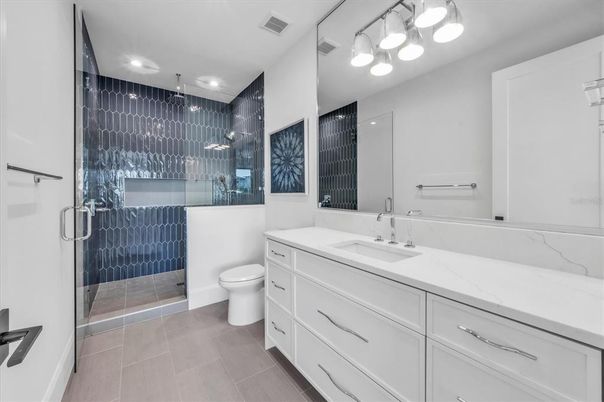 Bathroom, Dual Sink Vanities, Glass Shower, Interior, Recessed Lighting