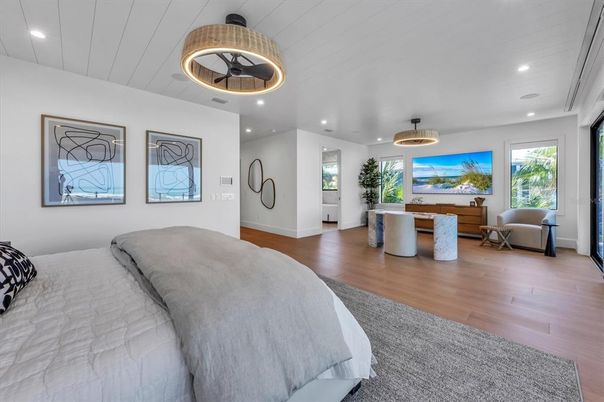 Bedroom, Interior, Pendant Lights, Recessed Lighting, Wood Texture Flooring