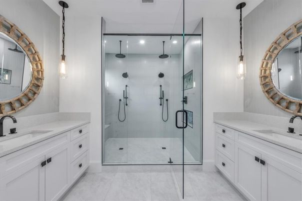Bathroom, Dual Sink Vanities, Glass Shower, Interior, Pendant Lights