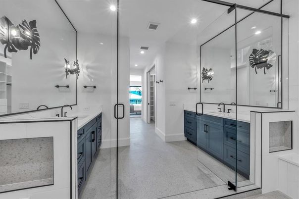 Bathroom, Dual Sink Vanities, Glass Shower, Interior, Recessed Lighting