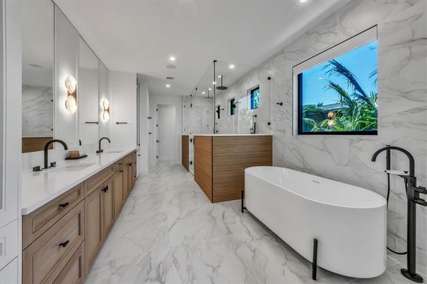 Bathroom, Dual Sink Vanities, Free Standing Baths, Glass Shower, Interior, Marble, Marble Walls, Recessed Lighting