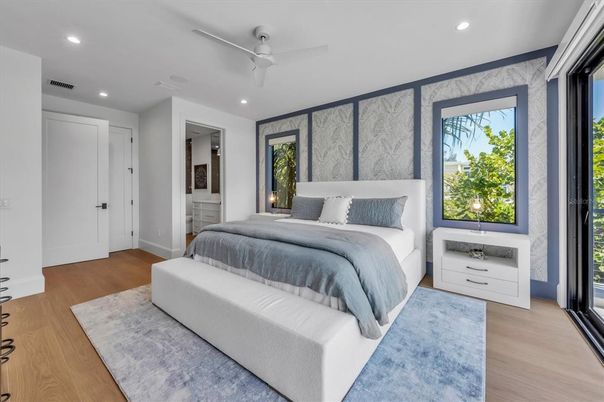 Bedroom, Interior, Recessed Lighting, Wood Texture Flooring