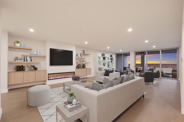 Dining room, Fireplace, Interior, Living room, Recessed Lighting, Wood Texture Flooring