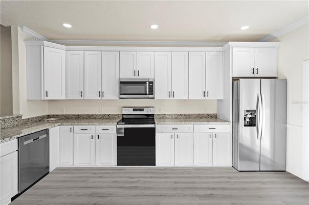 Interior, Kitchen, Recessed Lighting, Stainless Steel Appliances, Wood Texture Flooring