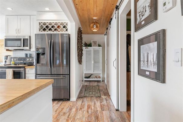 Interior, Kitchen, Recessed Lighting, Wooden Ceilings, Wood Texture Flooring