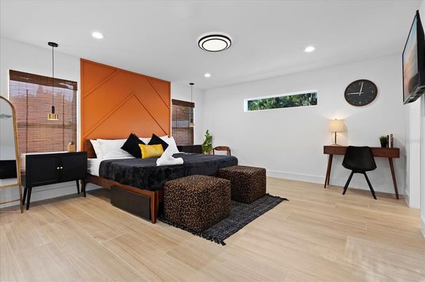 Bedroom, Interior, Pendant Lights, Recessed Lighting, Wood Texture Flooring