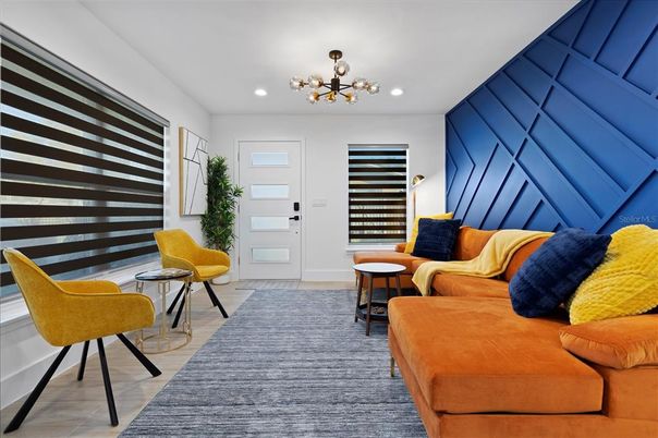 Interior, Living room, Pendant Lights, Recessed Lighting, Wood Texture Flooring