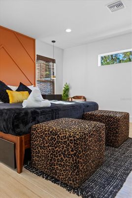 Bedroom, Interior, Living room, Pendant Lights, Recessed Lighting, Wood Texture Flooring