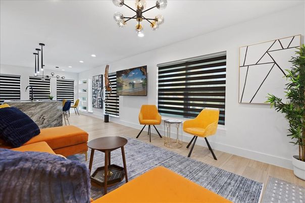 Interior, Living room, Pendant Lights, Recessed Lighting, Wood Texture Flooring