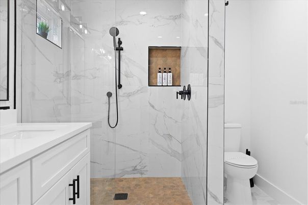 Bathroom, Glass Shower, Interior, Marble, Marble Walls, Recessed Lighting