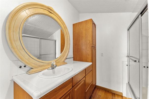 Bathroom, Interior, Tile Countertops, Wood Texture Flooring