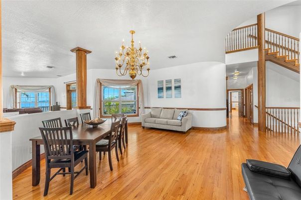 Chandelier, Dining room, Interior, Wood Texture Flooring