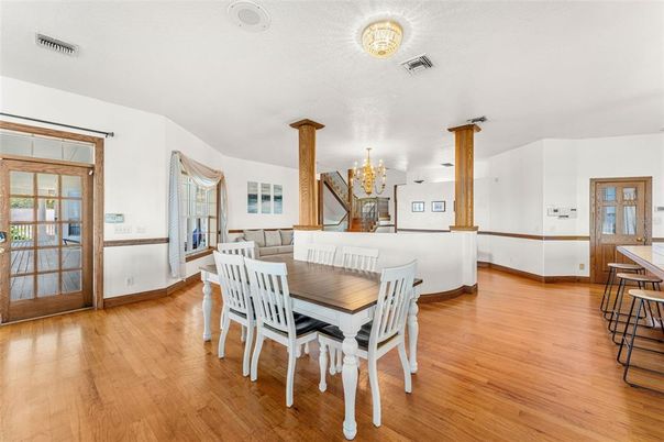 Chandelier, Dining room, Fireplace, Interior, Wood Texture Flooring