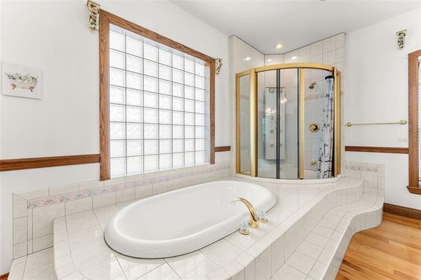 Bathroom, Glass Shower, Interior, Recessed Lighting, Wood Texture Flooring