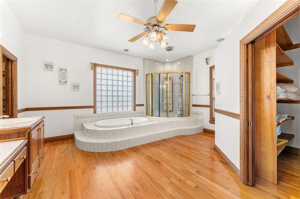 Bathroom, Glass Shower, Interior, Recessed Lighting, Wood Texture Flooring