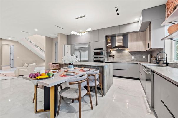 Interior, Kitchen, Marble, Pendant Lights, Recessed Lighting, Stainless Steel Appliances