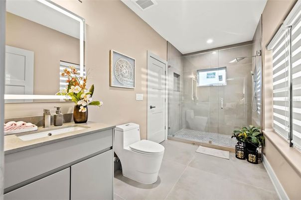 Bathroom, Glass Shower, Interior, Recessed Lighting