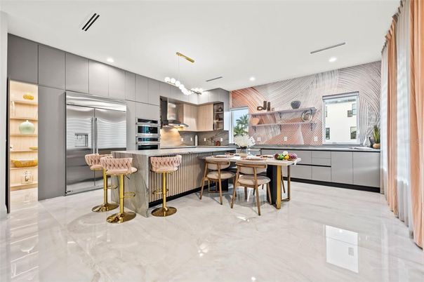 Interior, Kitchen, Marble, Pendant Lights, Recessed Lighting, Stainless Steel Appliances