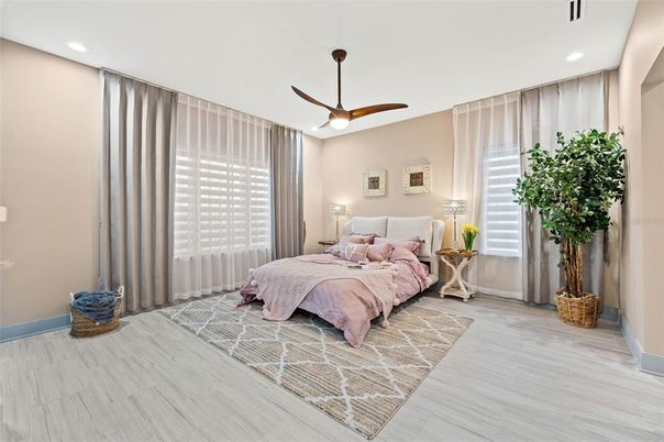 Bedroom, Interior, Recessed Lighting, Wood Texture Flooring