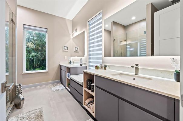 Bathroom, Dual Sink Vanities, Glass Shower, Interior, Recessed Lighting