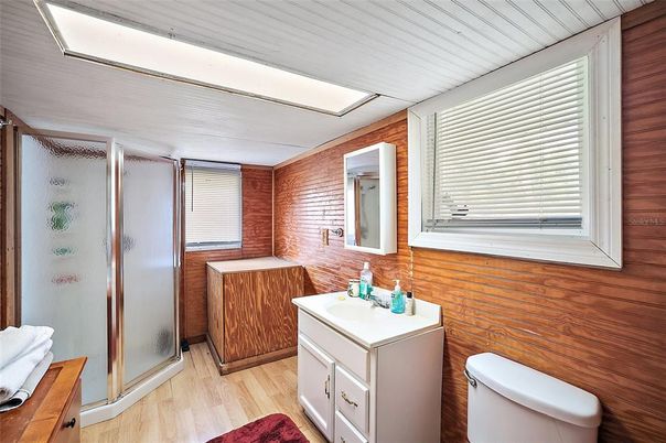 Bathroom, Glass Shower, Interior, Wood Texture Flooring, Wooden Walls