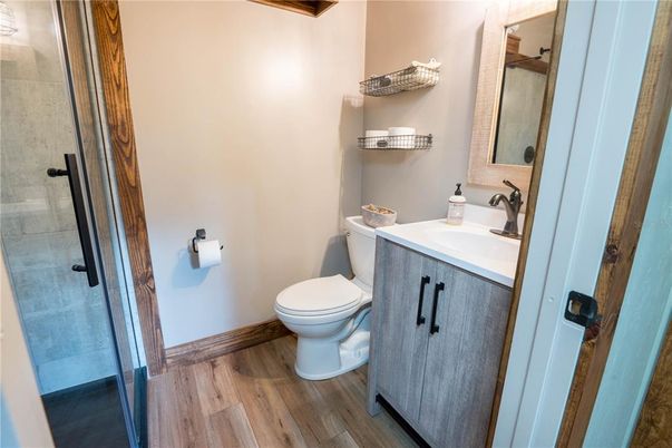 Bathroom, Glass Shower, Interior, Wood Texture Flooring