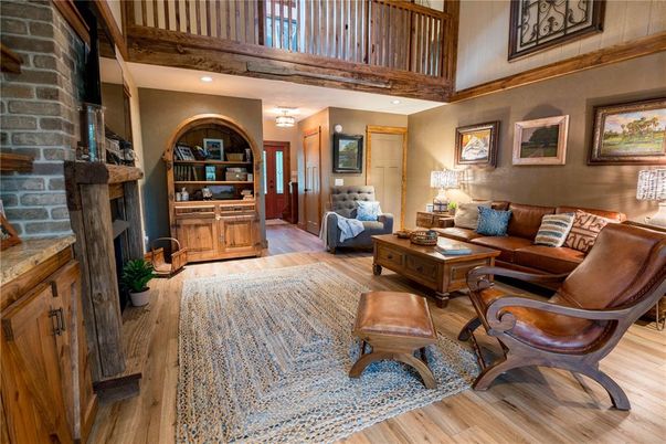 Fireplace, Interior, Living room, Recessed Lighting, Stone Walls, Wood Texture Flooring