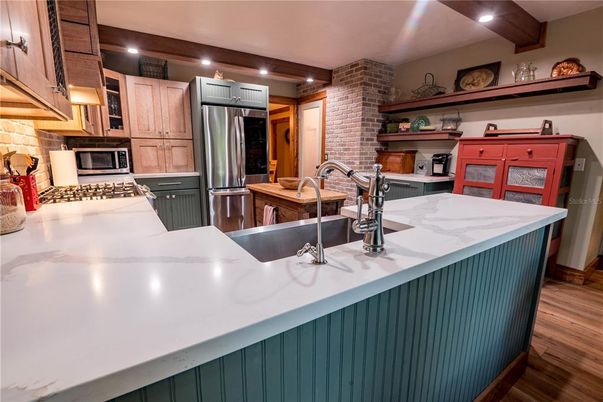 Interior, Kitchen, Recessed Lighting, Stainless Steel Appliances, Stone Walls, Wooden Beams, Wood Texture Flooring