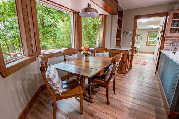 Dining room, Interior, Pendant Lights, Stone Walls, Wood Texture Flooring