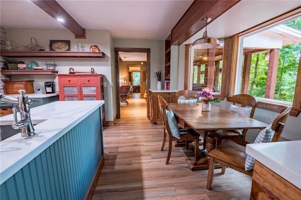 Dining room, Interior, Pendant Lights, Recessed Lighting, Wooden Beams, Wood Texture Flooring